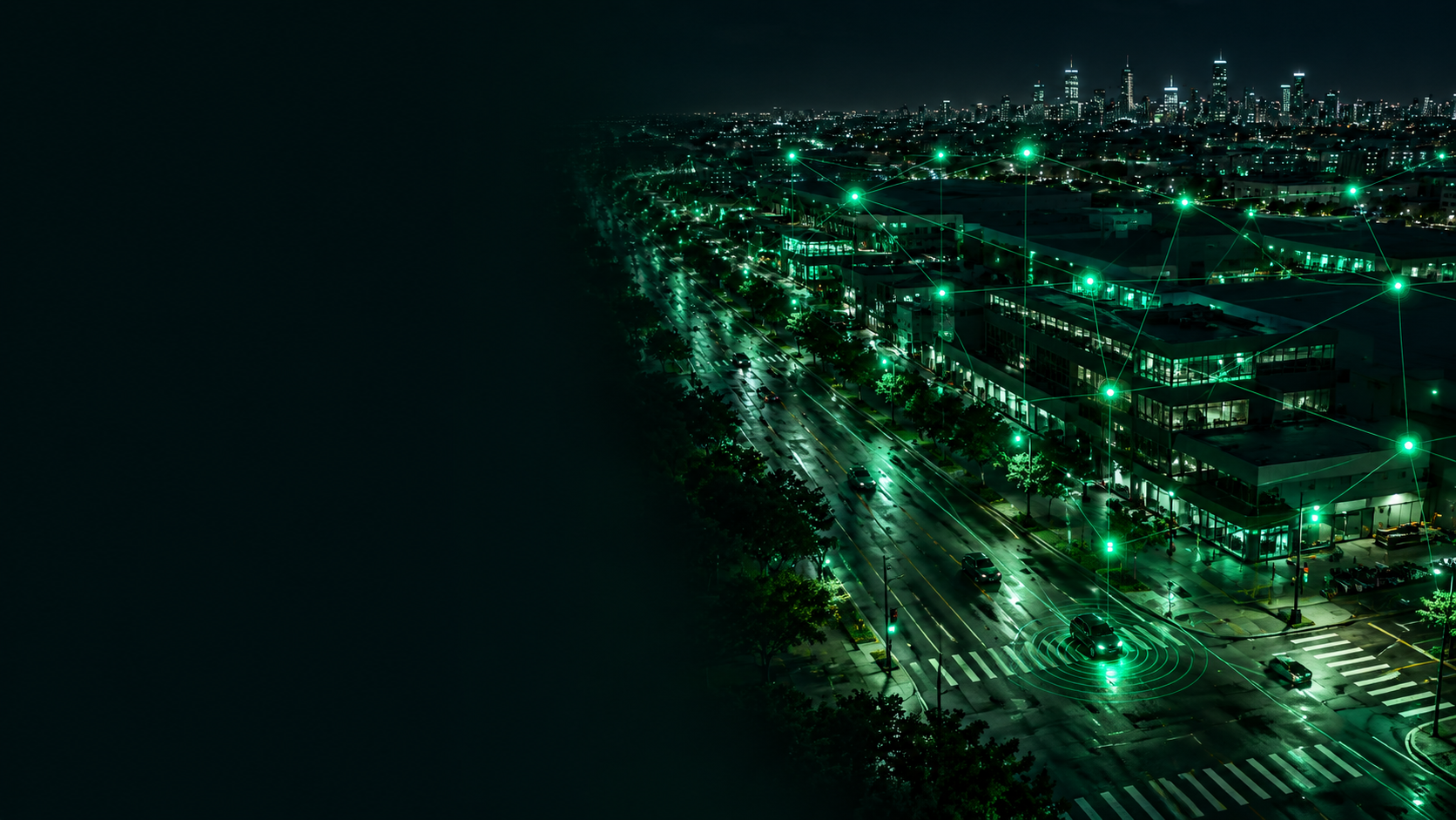 Smart city street lined with connected sensors at dusk