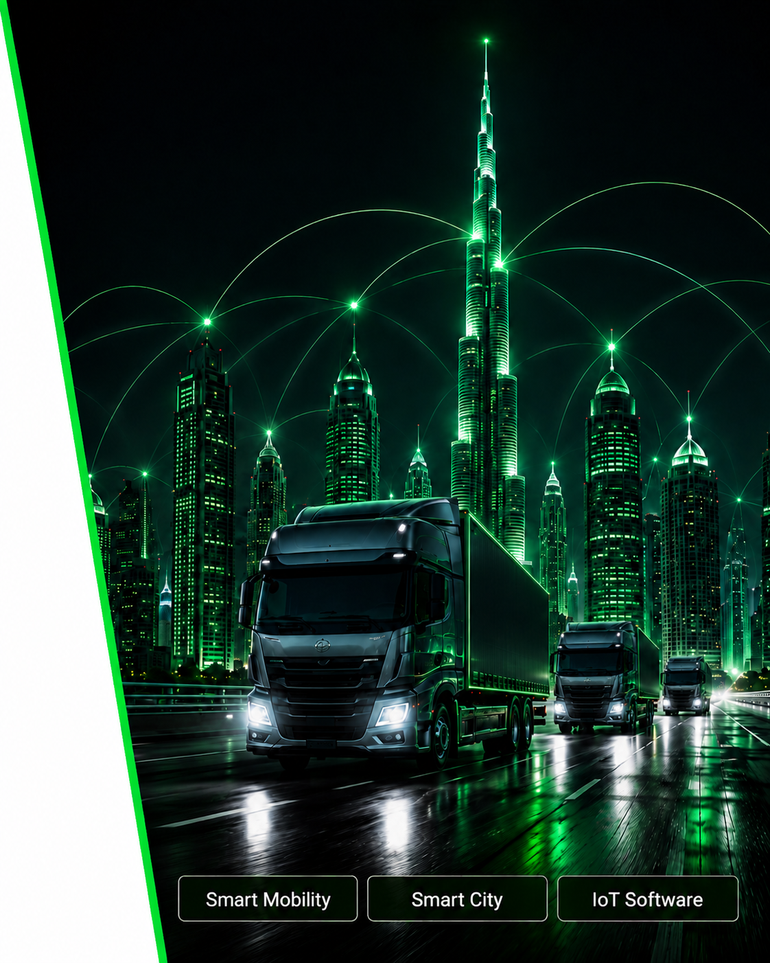 Connected fleet trucks moving through a smart city skyline at night
