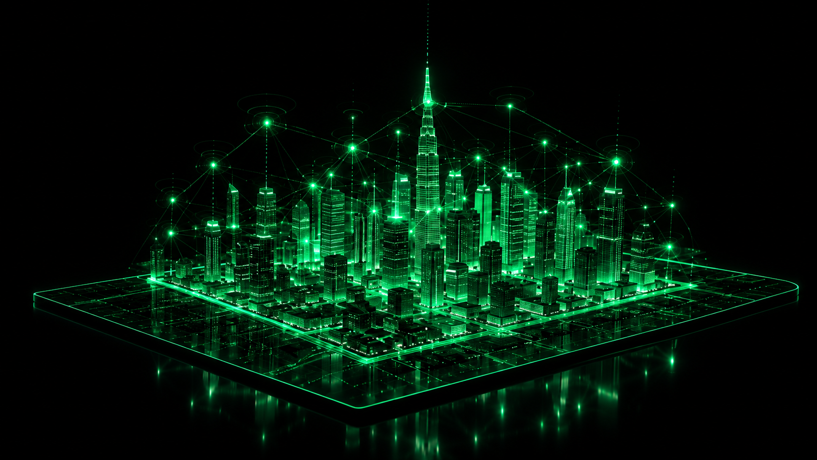 Illuminated smart city grid at night