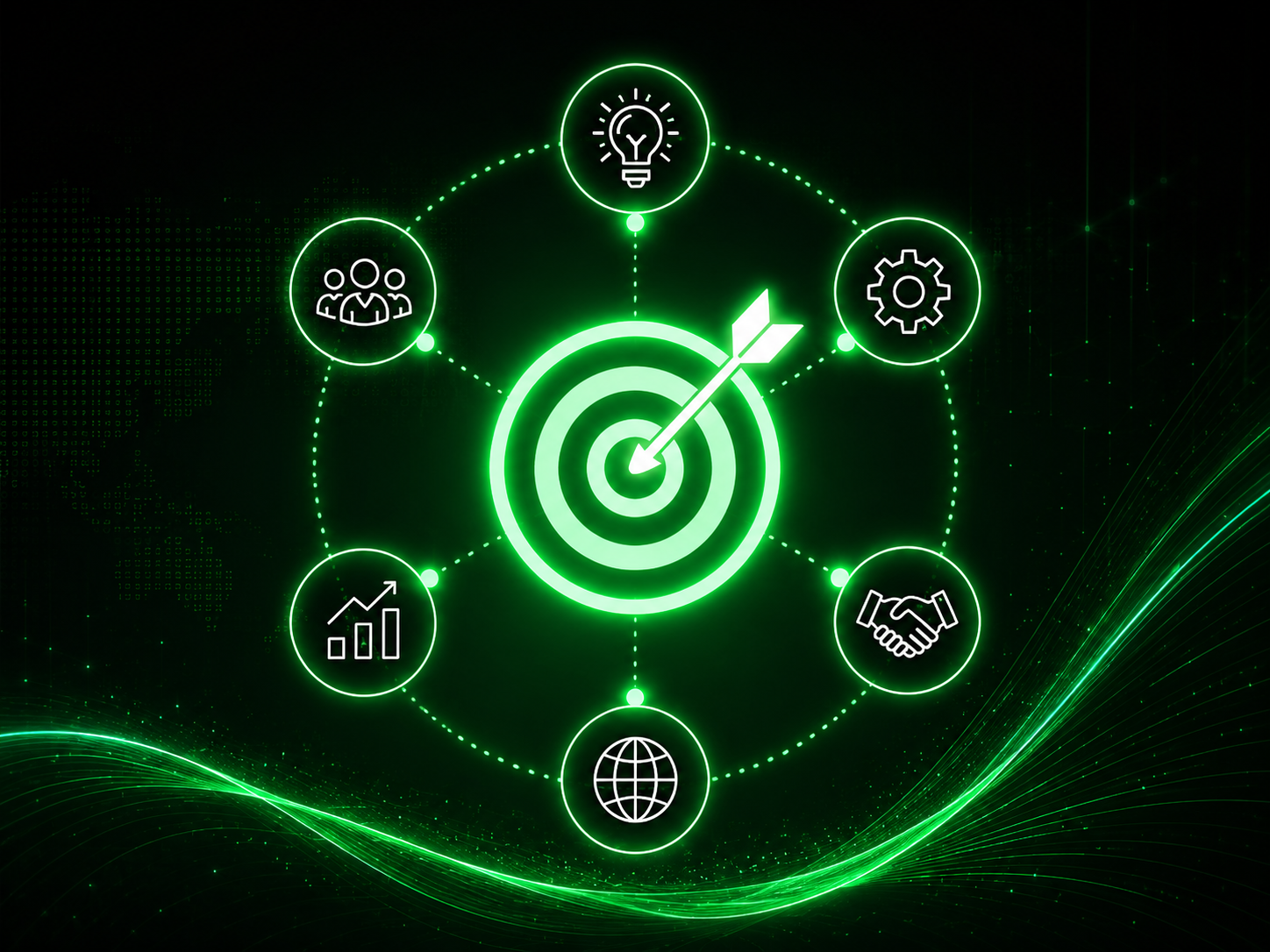 Glowing target and gear icons representing company drivers