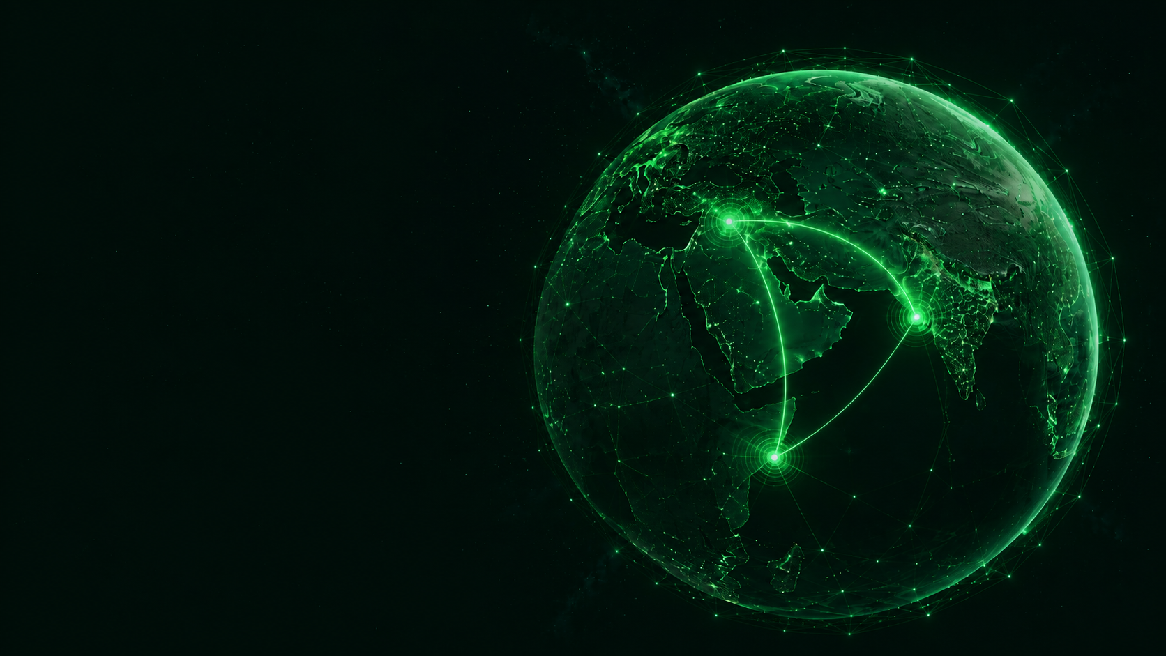 Illuminated globe with connection lines across the Middle East and Asia