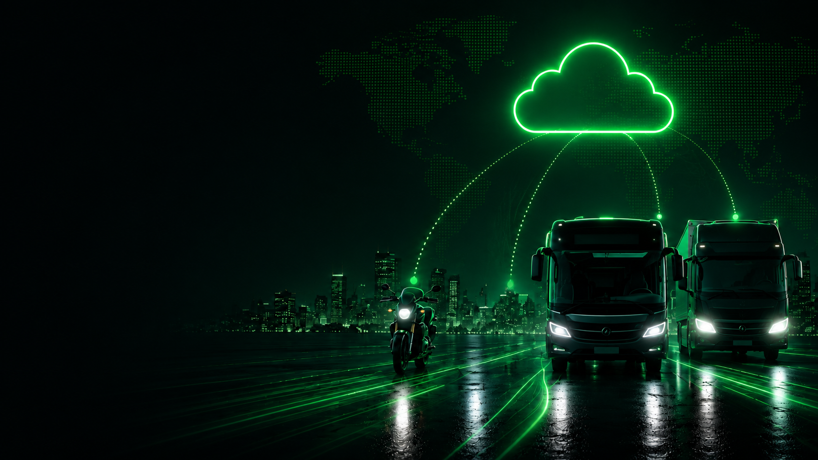 Fleet of trucks connected at a night depot