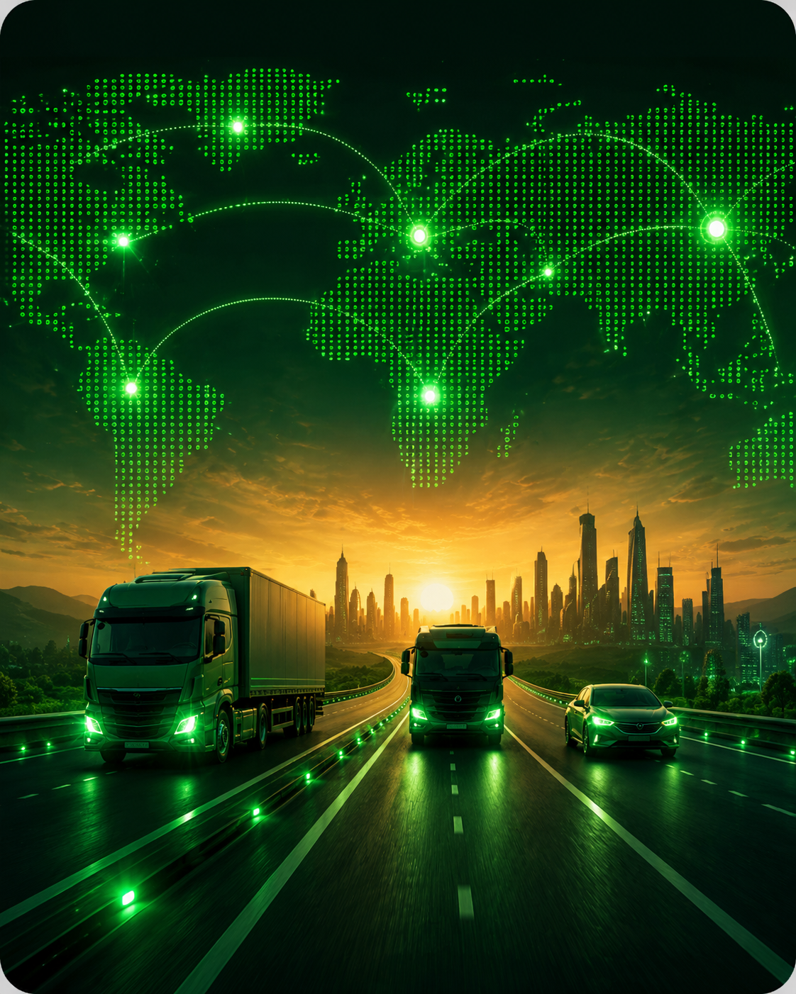 World network map with trucks and bus heading toward a sunrise city